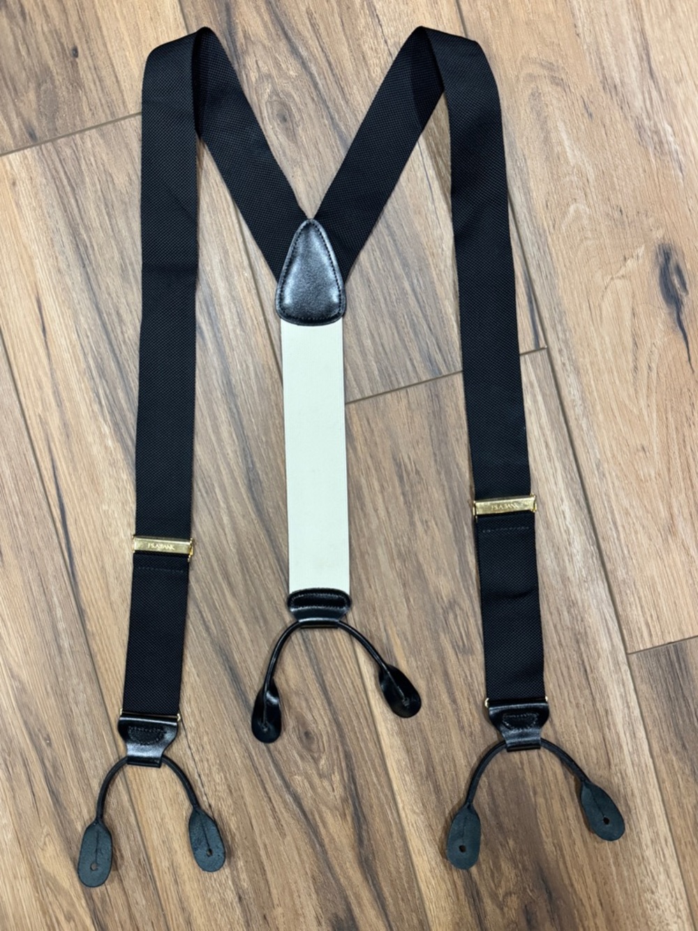 Jos A Bank Black Y-Back Suspenders Leather Button Ends Gold Hardware Classic